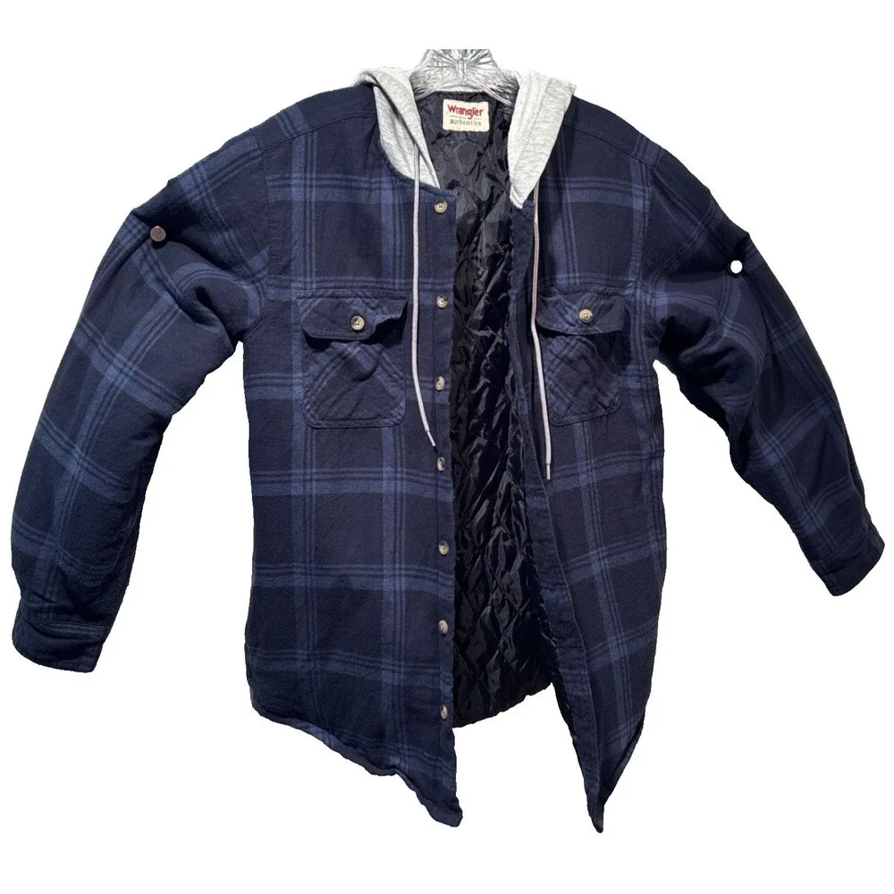 Wrangler Authentics Navy Blue Plaid Quilted Lined Hooded Flannel Chore Jacket S